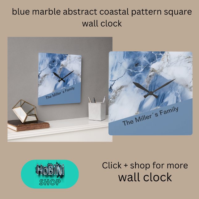 Relógio Quadrado padrão costeiro abstrato de mármore azul (blue marble abstract coastal pattern square wall clock)