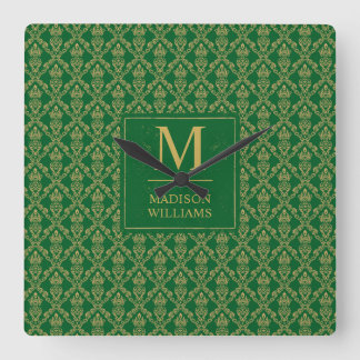 Relógio Quadrado Padrão Damask Seamless Verde Esmeralda e Dourado