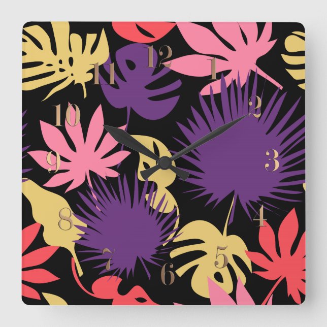 Relógio Quadrado Padrão das folhas tropicais sem costura (Frente)