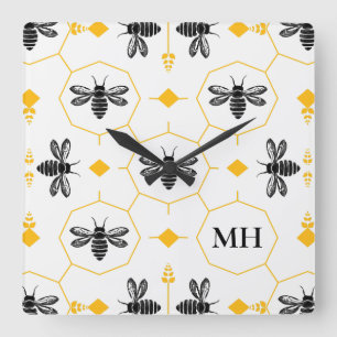Relógio Quadrado Padrão de Abelha Elegante Monograma Preto Amarelo