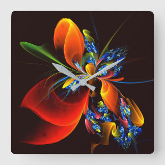 Relógio Quadrado Padrão de Abstrato de Arte Floral Azul Laranja Mod
