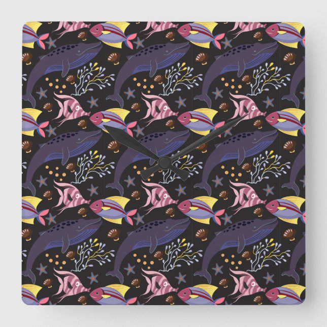 Relógio Quadrado Padrão de animais aquáticos | vida submarina do oc (Frente)