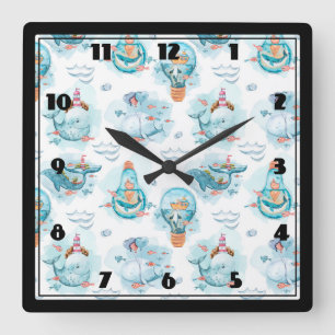 Relógio Quadrado  Padrão de Aquarela das Baleias Náuticas Cótica