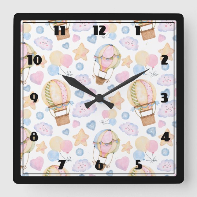 Relógio Quadrado Padrão de Aquarela do Balão de Ar Quente (Frente)