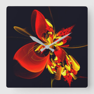 Relógio Quadrado Padrão de Arte Abstrata Floral Amarelo Vermelho Mo