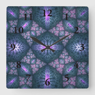 Relógio Quadrado Padrão de Arte Fractal 3D Turquesa Rosa Púrpura