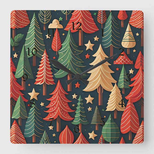 Relógio Quadrado Padrão de Árvore de Natal Ornamental (Frente)