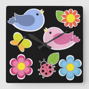 RELÓGIO QUADRADO PADRÃO DE AVES E FLORES
