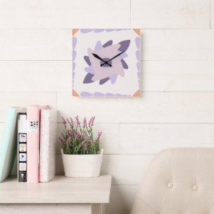 Relógio Quadrado Padrão de Azulejo Decorativo Pastel Roxo
