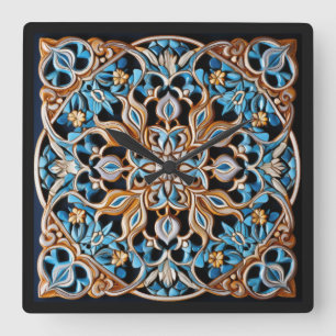 Relógio Quadrado Padrão de Azulejo Floral Faux Cerâmica