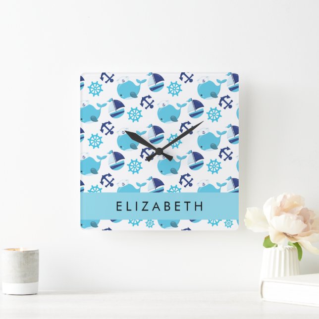 Relógio Quadrado Padrão De Baleias, Baleias Azuis, Seu Nome (Lar)