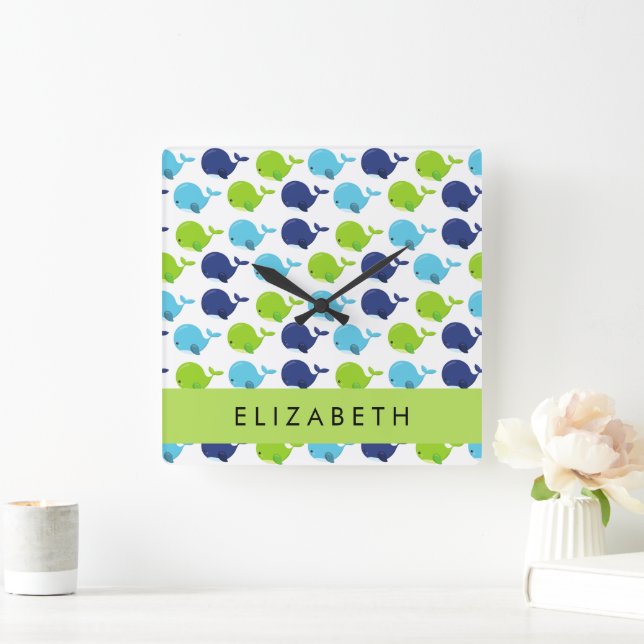 Relógio Quadrado Padrão De Baleias, Baleias Cutas, Seu Nome (Lar)