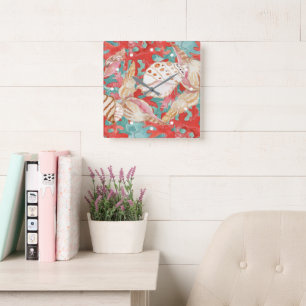 Relógio Quadrado Padrão de Camas Vermelhas de Coral Turquoise Chic