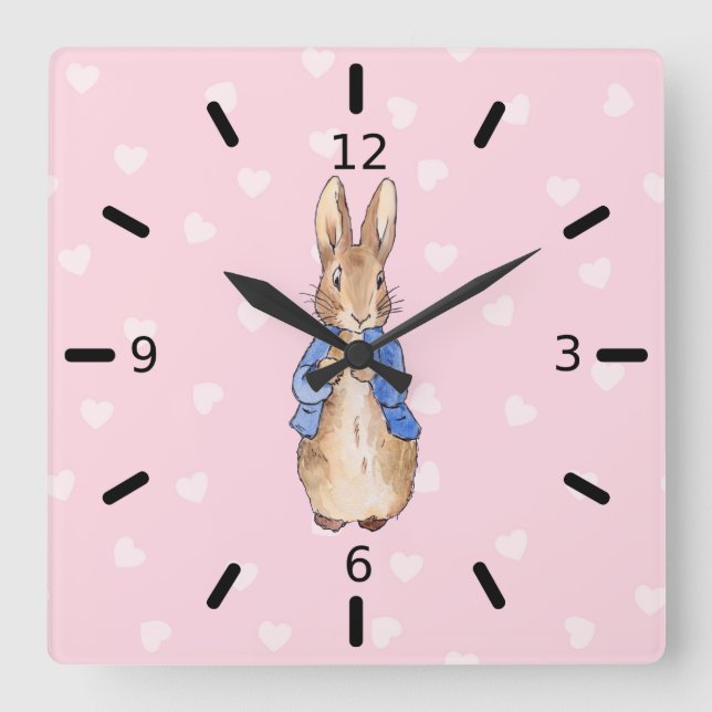 Relógio Quadrado Padrão de coração do coelho Peter (Frente)