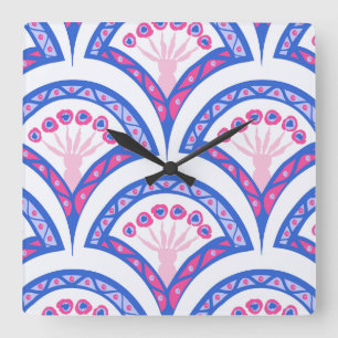 Relógio Quadrado padrão de damasco floral azul