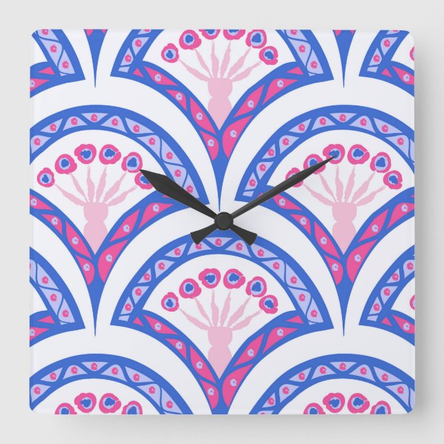 Relógio Quadrado padrão de damasco floral azul (Frente)
