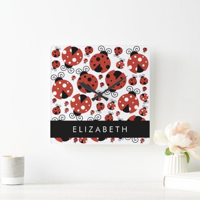 Relógio Quadrado Padrão De Damybugs, Red Ladybugs, Seu Nome (Lar)