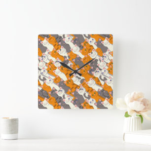 Relógio Quadrado Padrão de diagonal do gato preto branco do Ginger