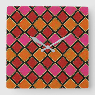 Relógio Quadrado Padrão de Diamante Harlequim Vibrante em Vermelho,
