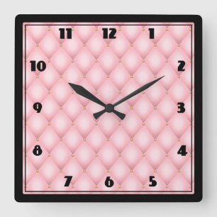 Relógio Quadrado Padrão de Diamante Tufado de Luxo Rosa