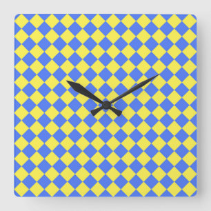 Relógio Quadrado Padrão de Diamante Xadrez Azul Amarelo