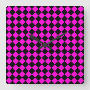 Relógio Quadrado Padrão de diamante xadrez preto rosa