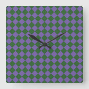 Relógio Quadrado Padrão de Diamante Xadrez Verde Roxo