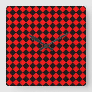 Relógio Quadrado Padrão de Diamante Xadrez Vermelho Preto