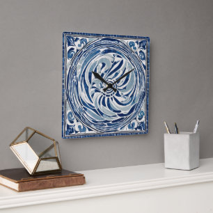 Relógio Quadrado Padrão de espiral branco azul 02
