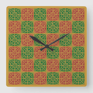 Relógio Quadrado Padrão de Férias Fleur-de-Lis Verde Vermelho