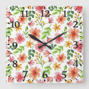 Relógio Quadrado Padrão de Flores Rosa Aquarela-69677