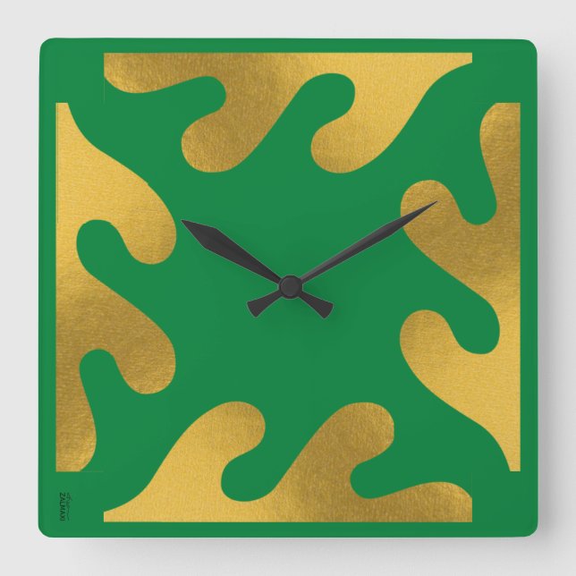Relógio Quadrado Padrão de Folha de Abstrato Verde Elegante Dourado (Frente)