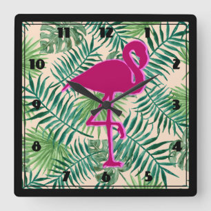 Relógio Quadrado Padrão de Folhas Tropicais e Flamingo Rosa