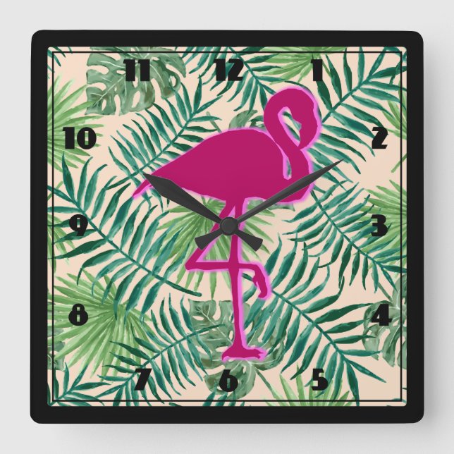 Relógio Quadrado Padrão de Folhas Tropicais e Flamingo Rosa (Frente)