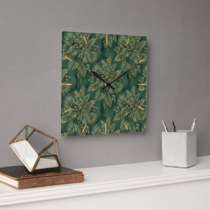 Relógio Quadrado Padrão de Folhas Tropicais Verde Dourado Luxuoso