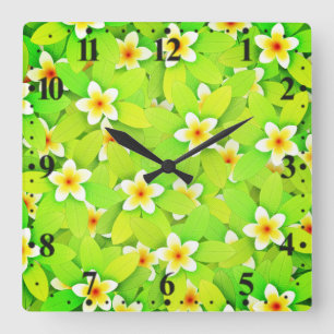 Relógio Quadrado Padrão de Folhas Verdes Florais Flores Amarelas-61