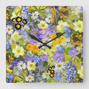 RELÓGIO QUADRADO PADRÃO DE FUNDO FLORAL MULITCOR