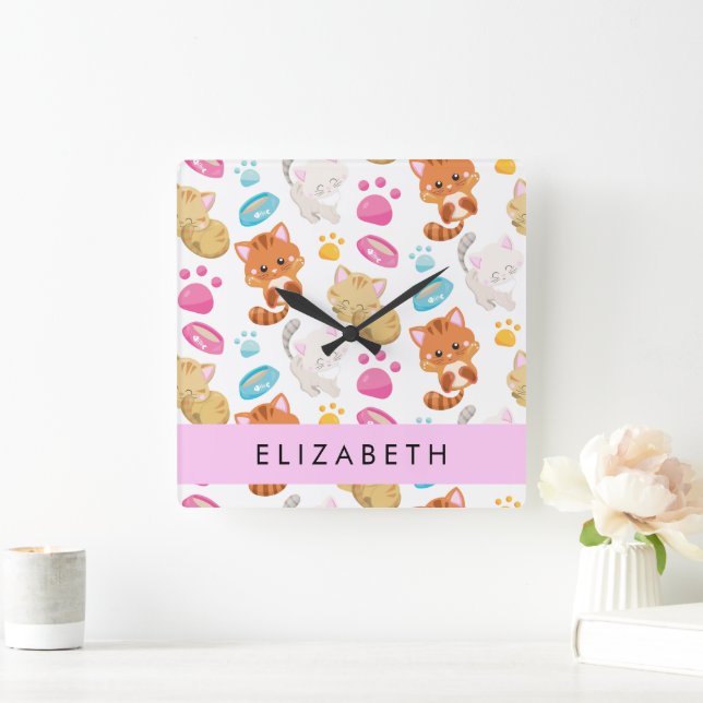 Relógio Quadrado Padrão De Gatos, Gatos Frescos, Gatinho, Patas, Se (Lar)