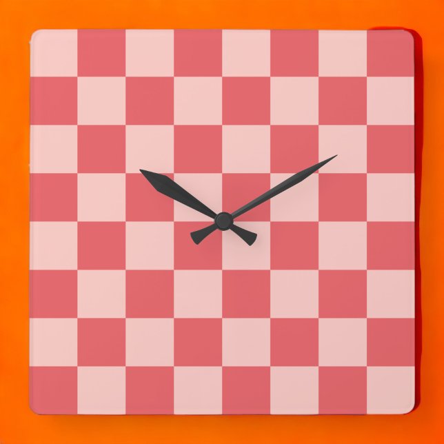 Relógio Quadrado Padrão de Gingham Vermelhos Rosa Verificado (Zazzle Pink Red Checkered Gingham Pattern Square Wall Clock)