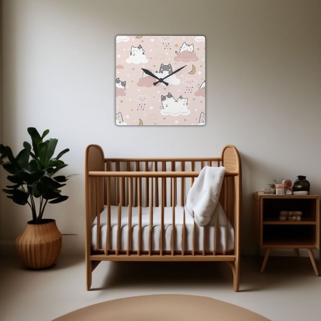 Relógio Quadrado Padrão de Kitten de Rosa claro Bonita (Gentle Cute Pink Pattern Kitten Cloud Square Wall Clock)