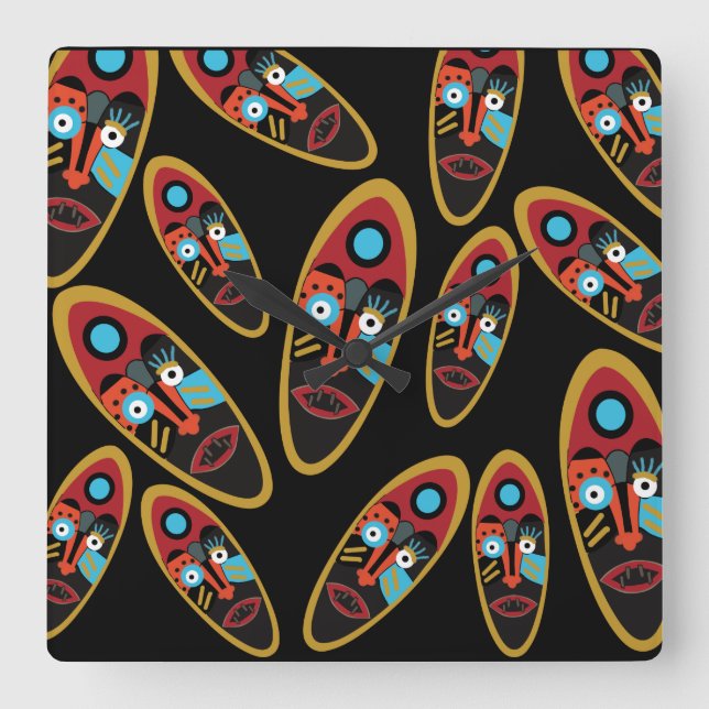 Relógio Quadrado padrão de máscaras modernas abstrato (Frente)