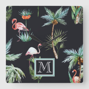 Relógio Quadrado Padrão de Palma de Aquarela   Adicione a sua versã