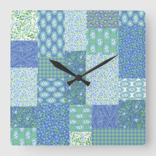 Relógio Quadrado Padrão de Patchwork Floral Boho Faux do Periwinkle