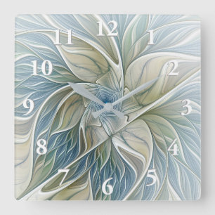 Relógio Quadrado Padrão de Sonho Floral Abstrato Azul Khaki Fracta