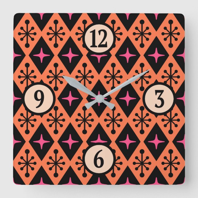 Relógio Quadrado Padrão de Starburst Moderno do Século médio (Frente)