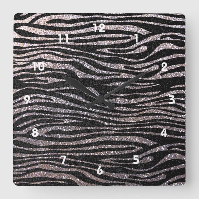 Relógio Quadrado Padrão de stripe de zebra prateada (bling faux gli (Frente)
