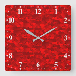 Relógio Quadrado Padrão de Textura de Corações de Amor Vermelho Rom