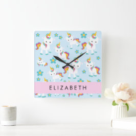 Relógio Quadrado Padrão De Unicórnios, Unicórnios Bonitos, Seu Nome