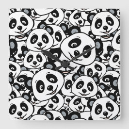 Relógio Quadrado Padrão de Urso Panda Fofo Preto e Branco Moderno