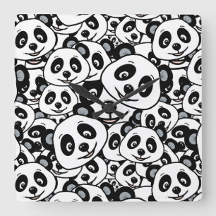 Relógio Quadrado Padrão de Urso Panda Fofo Preto e Branco Moderno